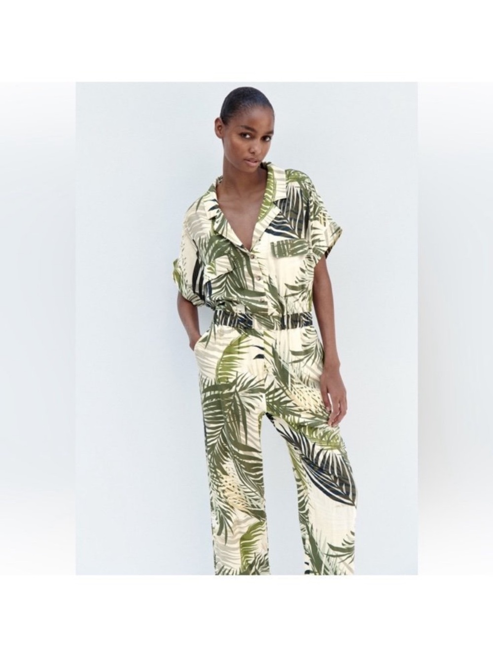 Zara Tropical Palm Leaf Jumpsuit Green XS